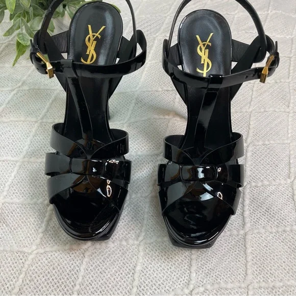 Saint Laurent Tribute Platform Sandals 105mm Black Patent Leather Size 38.5 8.5 - Picture 15 of 17
